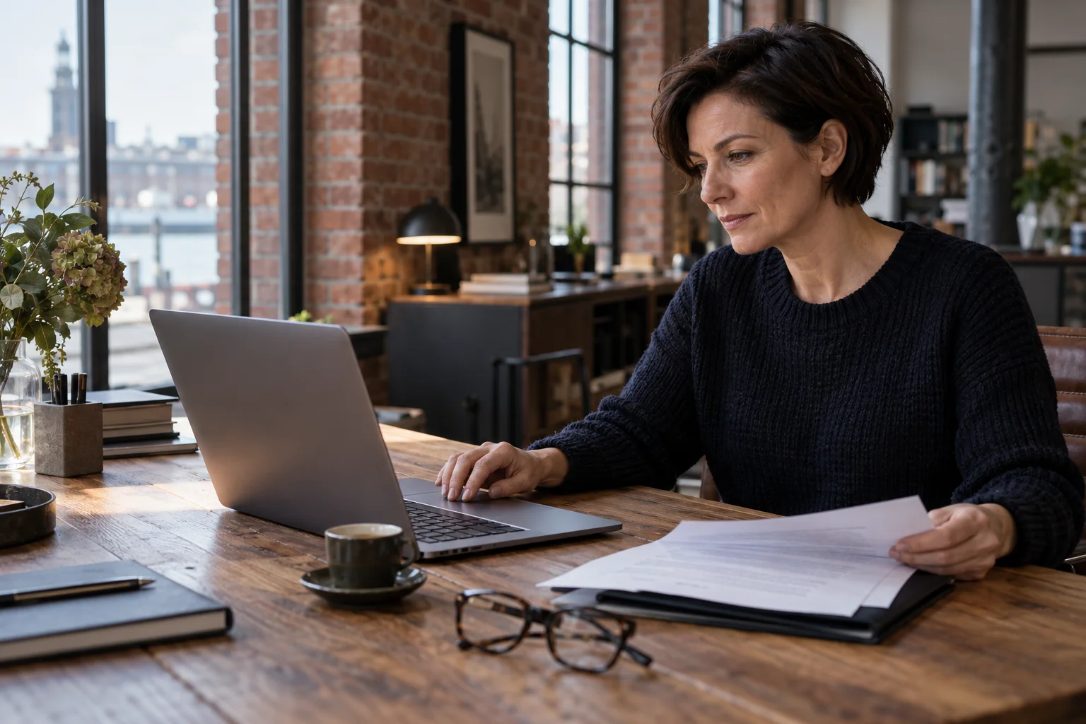 Scene of an investor comparing a document with her laptop.